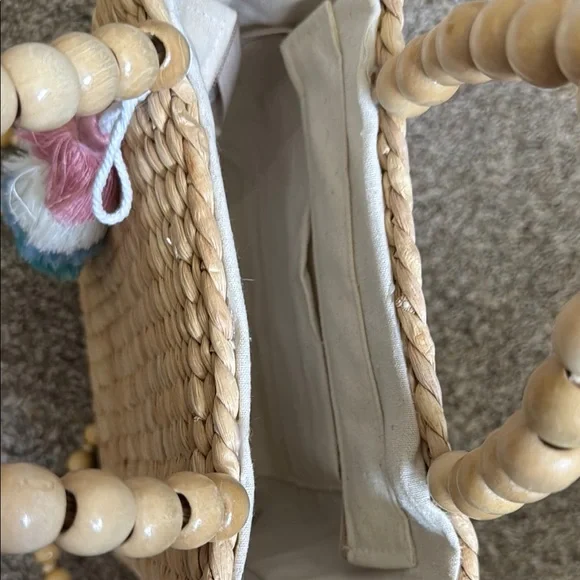 Woven Straw Bag with Beaded Strap and Tassels - Picture 3 of 6